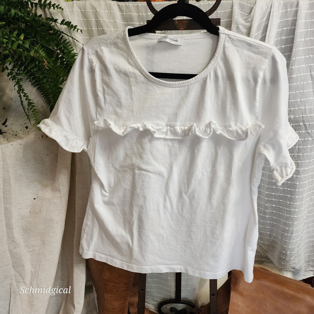 Junie Blake White Ruffle Chest Short Sleeve Cotton T-Shirt Womens Large